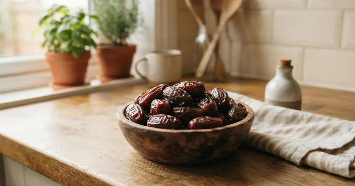 A small wooden bowl of whole dates