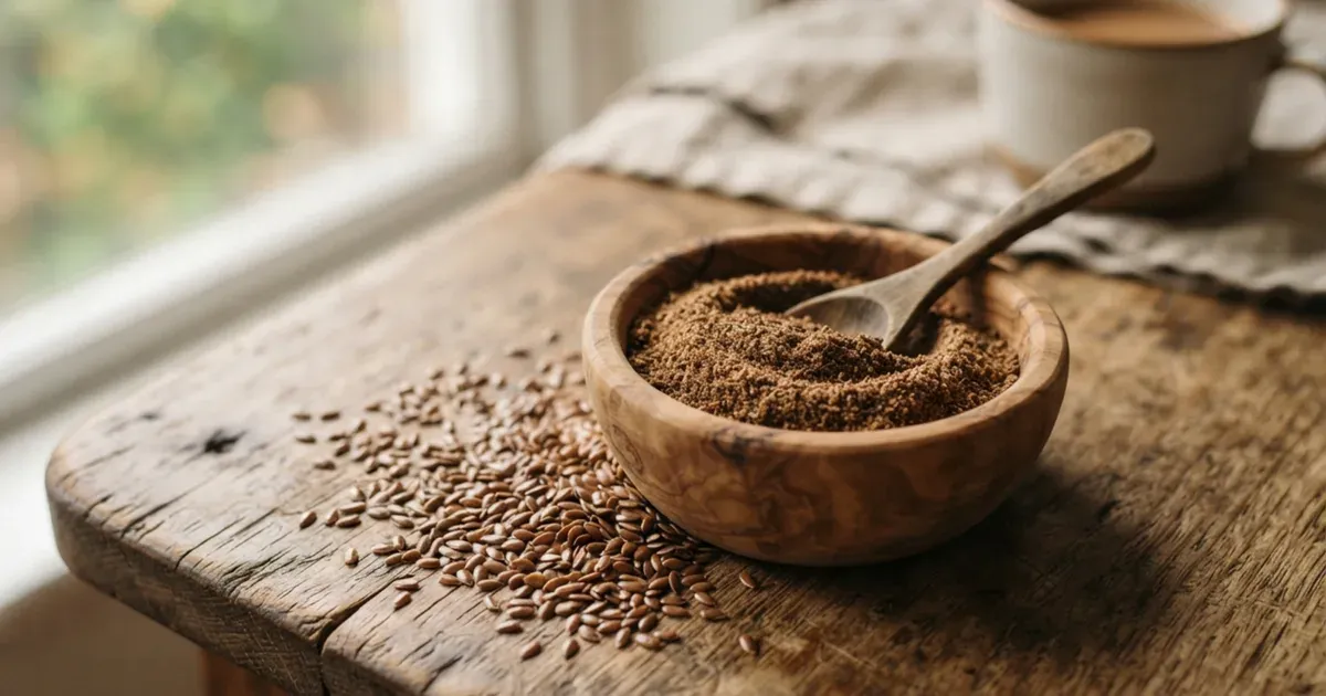 Ground flaxseed in a small wooden bowl beside whole flax seeds