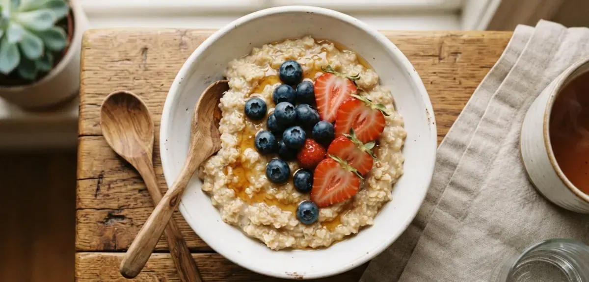 A bowl of cooked oatmeal topped with sliced banana and a drizzle of honey