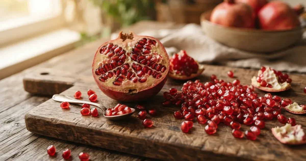 A halved pomegranate with seeds scattered on a wooden board