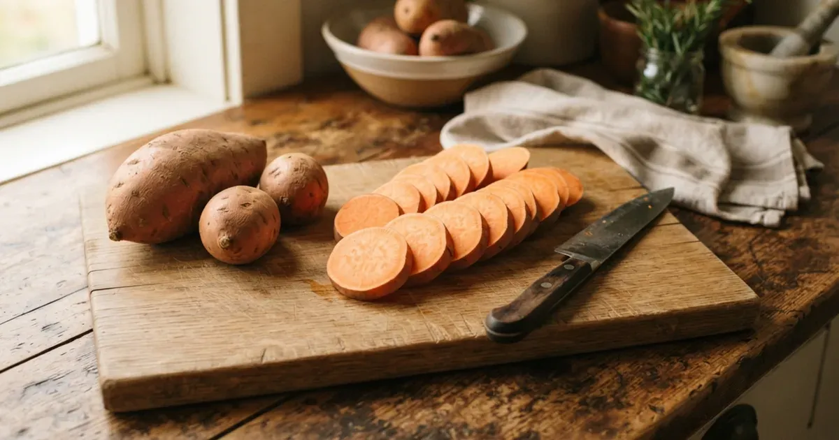 Whole and sliced sweet potatoes on a wooden cutting board