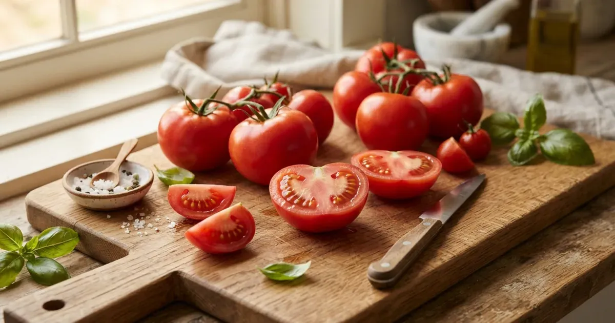 Fresh whole and halved tomatoes on a wooden cutting board