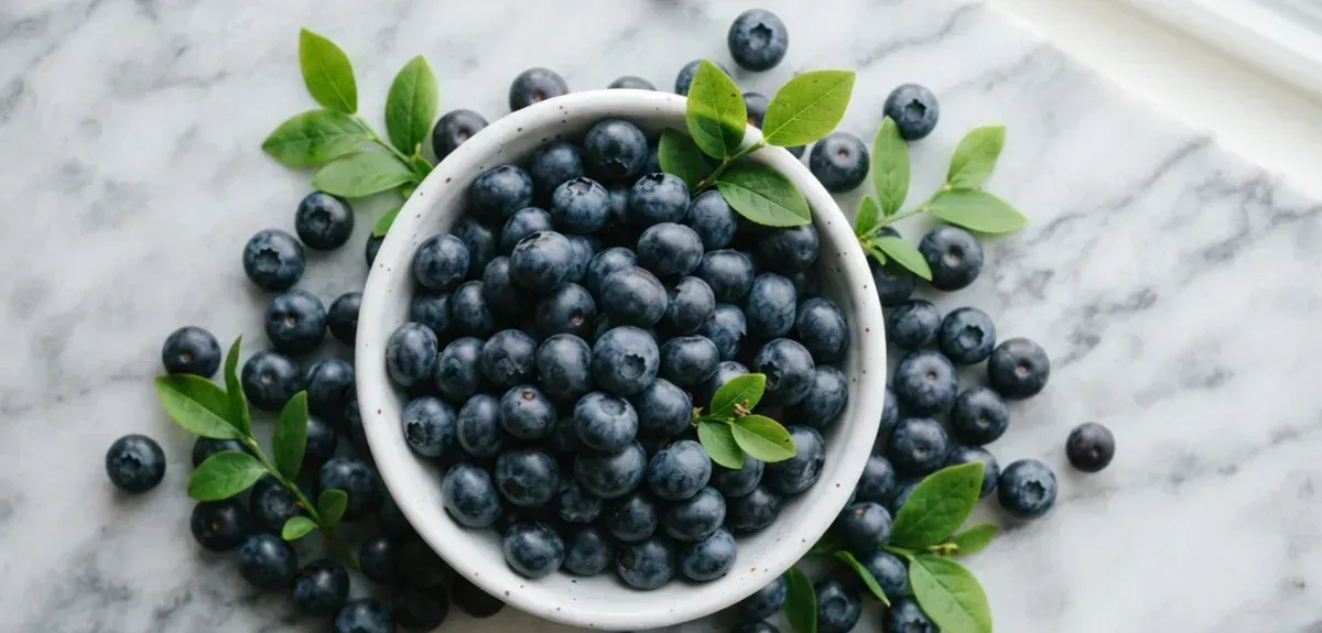 A bowl of fresh blueberries beside a bag of frozen blueberries
