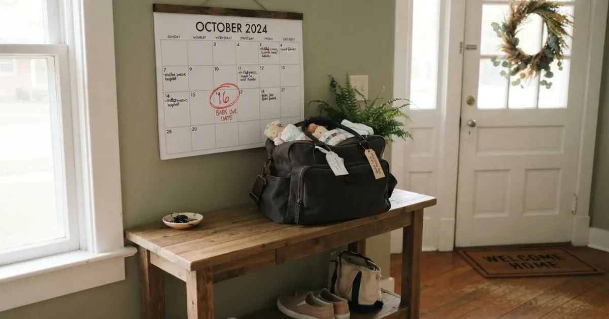 A calendar with a date circled beside a hospital bag by the door