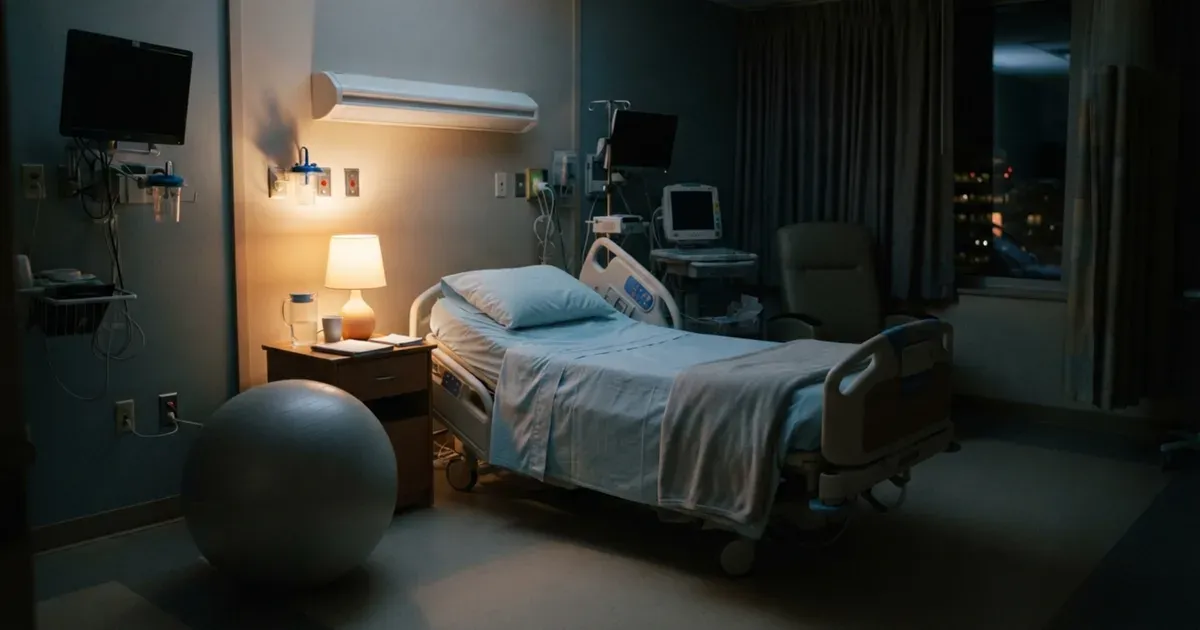 A hospital birthing ball and a dimmed reading lamp in a quiet labour room