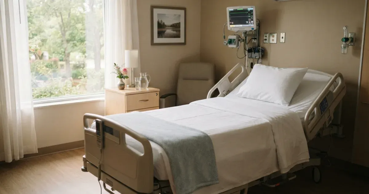 A calm hospital recovery room with a made bed and soft daylight