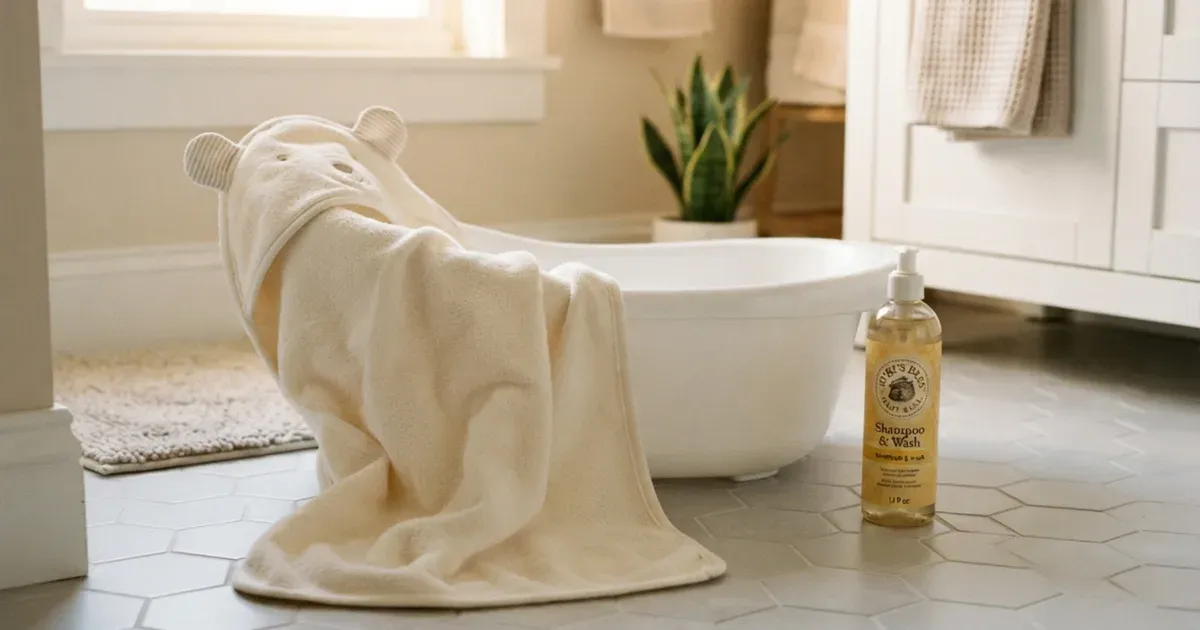 A soft baby towel and a small plastic bath basin on a bathroom floor