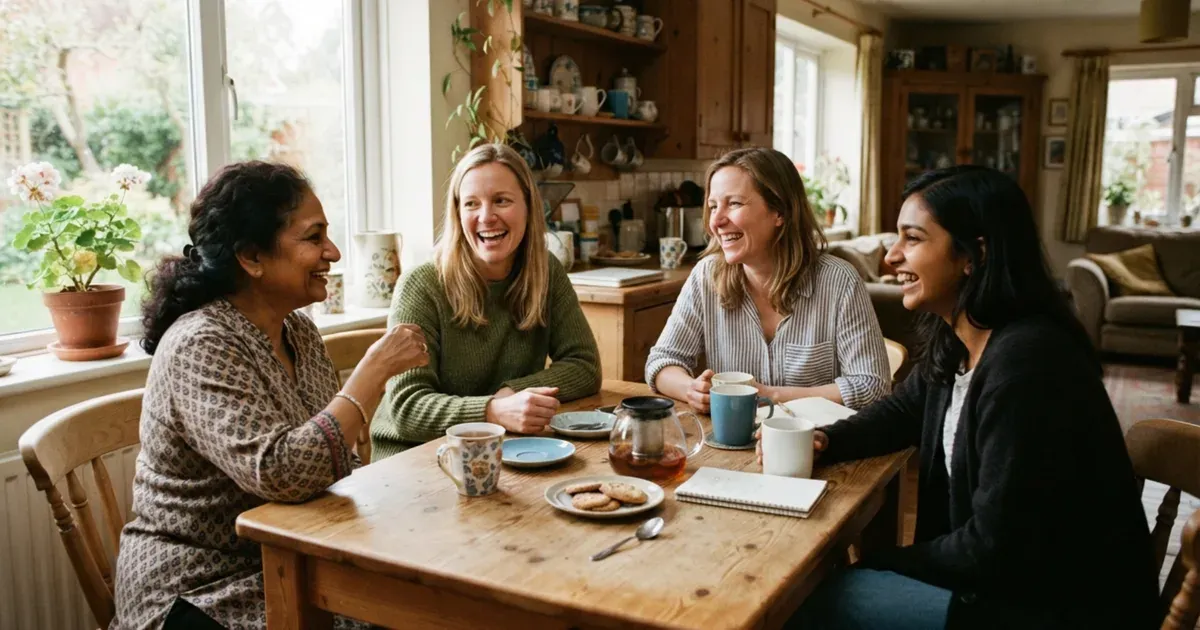 A small group of women sitting together at a kitchen table, warm and relaxed