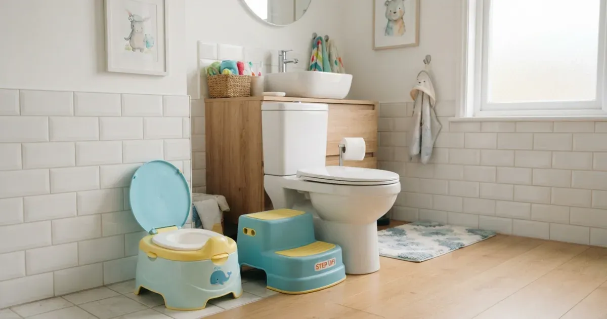 A small toddler potty placed beside a bathroom step stool