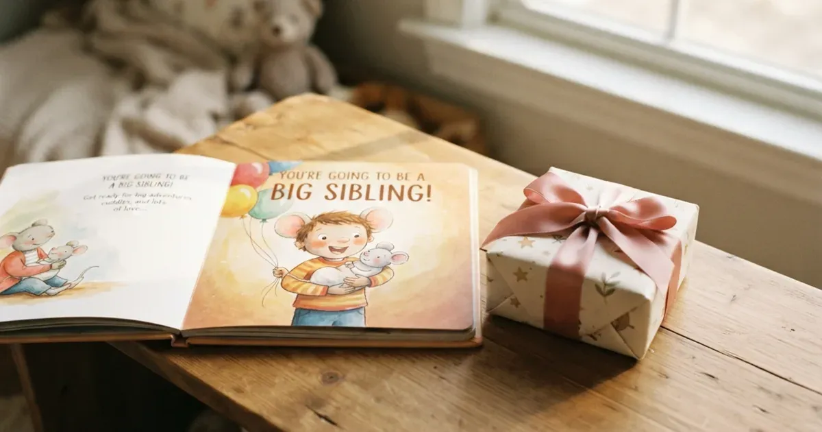 A small wrapped gift box placed beside a children's picture book