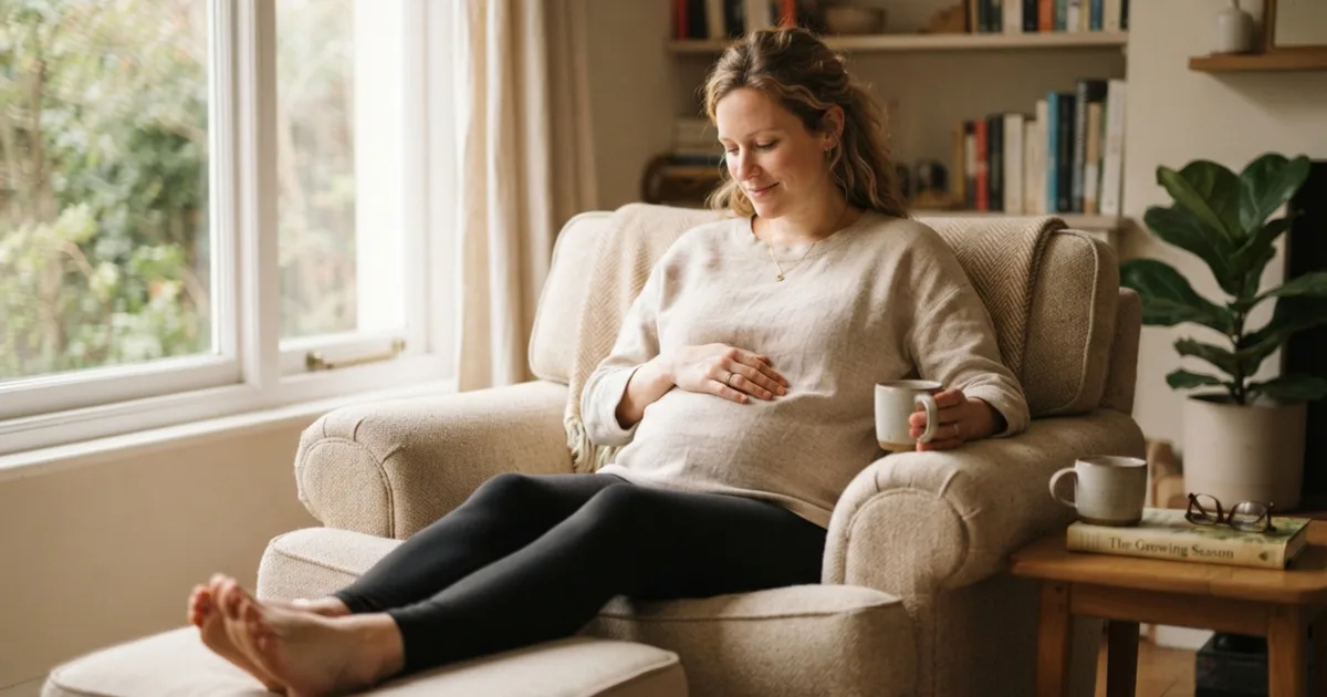 A pregnant woman relaxing in a chair with her feet up, holding a mug
