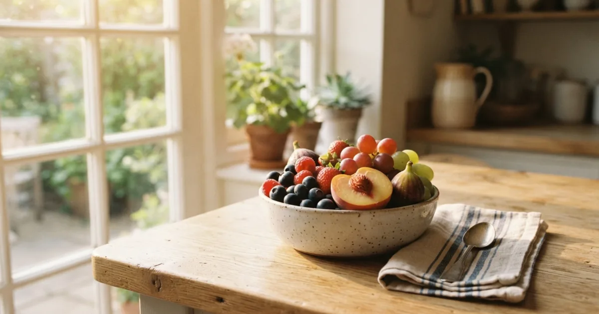 A bowl of fresh mixed fruit on a sunlit kitchen table