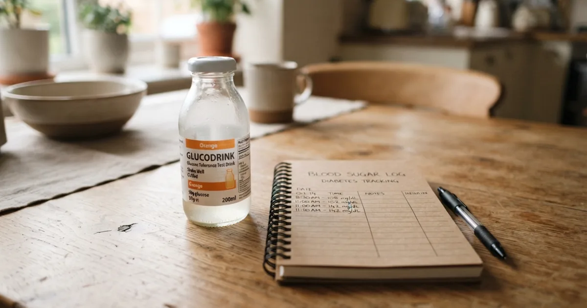 A glucose test drink and a blood sugar tracking notebook on a table