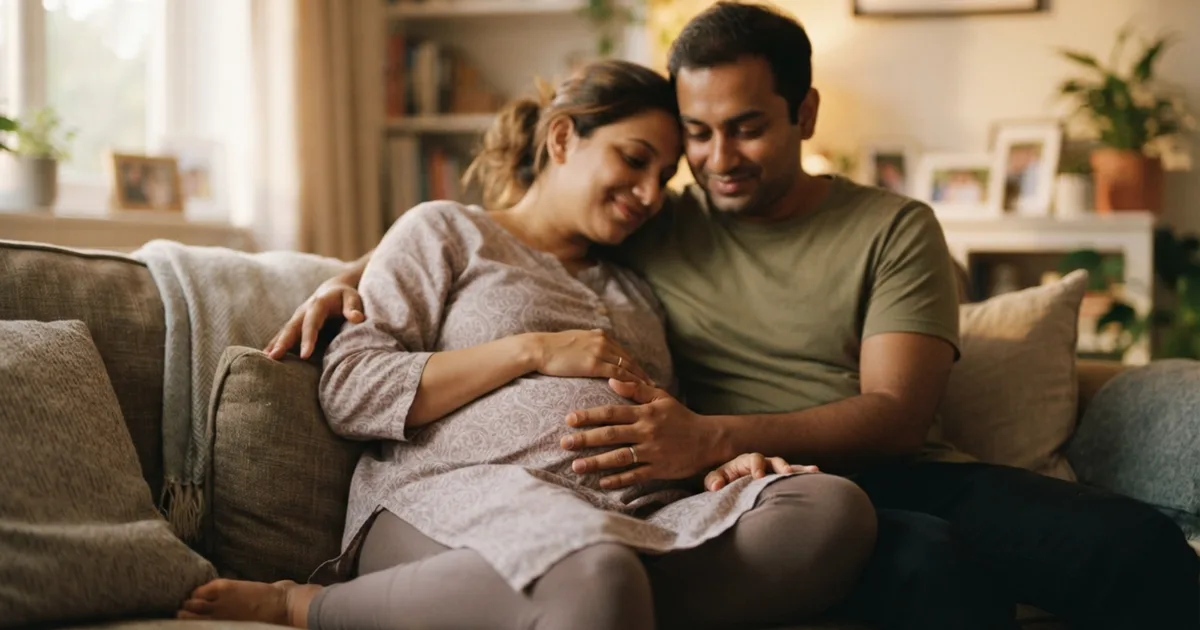A couple embracing, the partner's hand resting gently on the pregnant belly