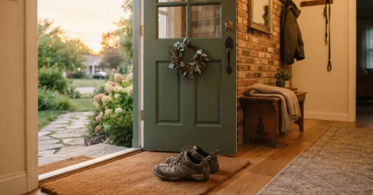 An open front door with walking shoes on the mat in warm evening light