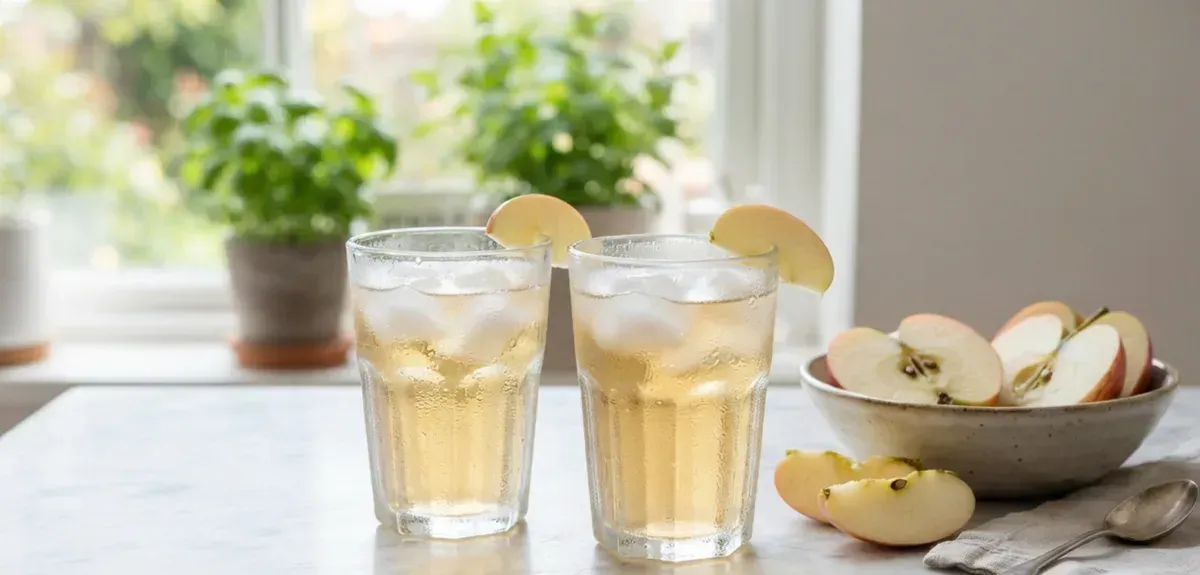 A glass of fresh homemade apple juice beside whole and sliced apples