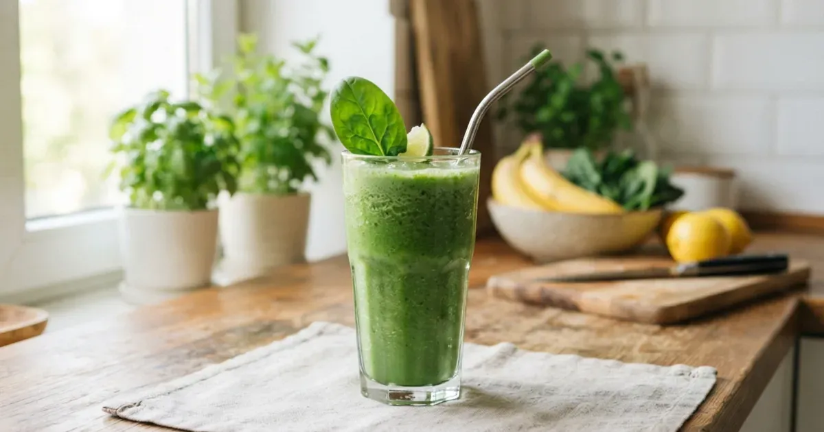 A green smoothie in a glass, garnished with fresh spinach leaves
