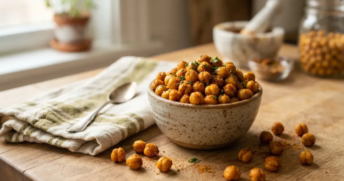 A bowl of crispy roasted chickpeas seasoned with spices