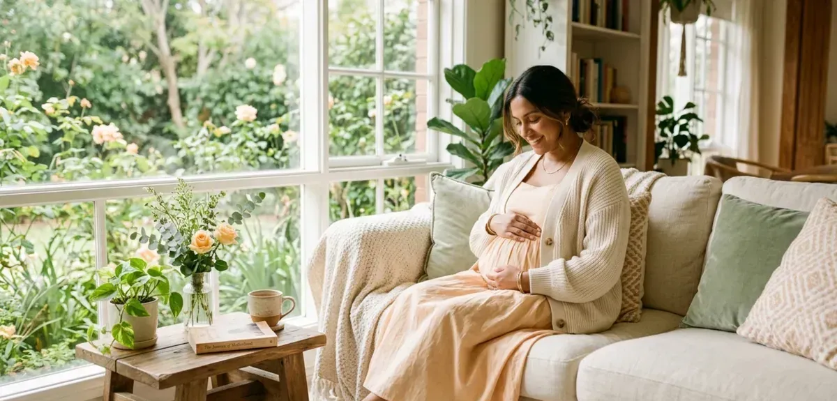 Pregnant woman sitting peacefully by a window