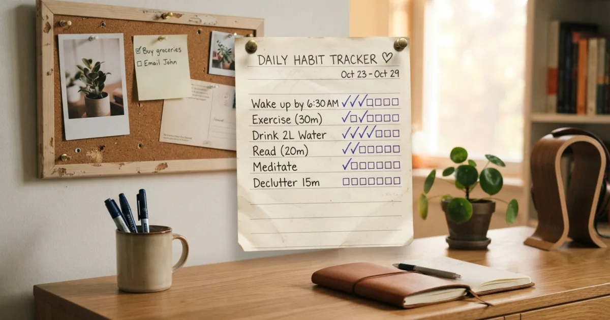 A simple habit tracker checklist pinned above a kitchen desk