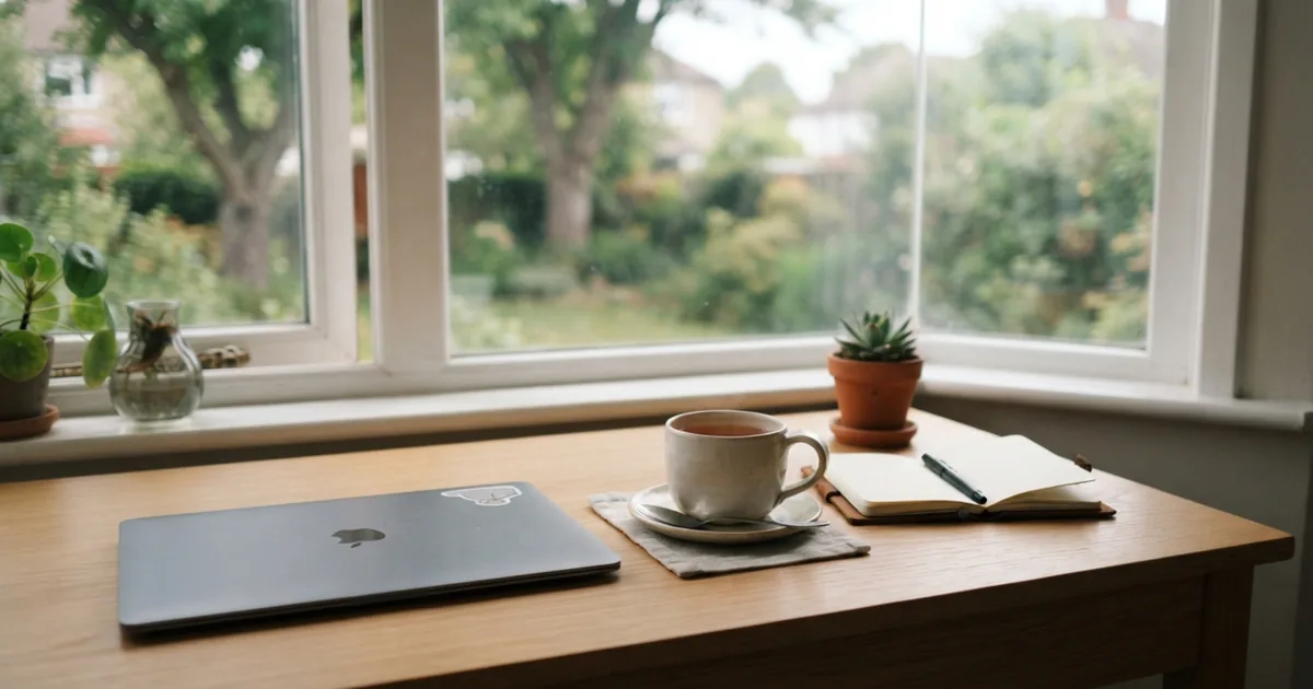 A cup of tea and a closed laptop on a desk during a short break