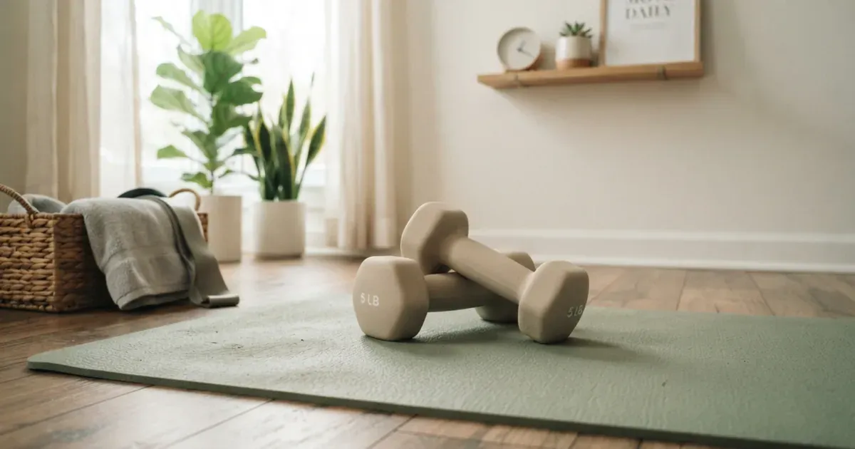 A pair of light dumbbells resting on a yoga mat